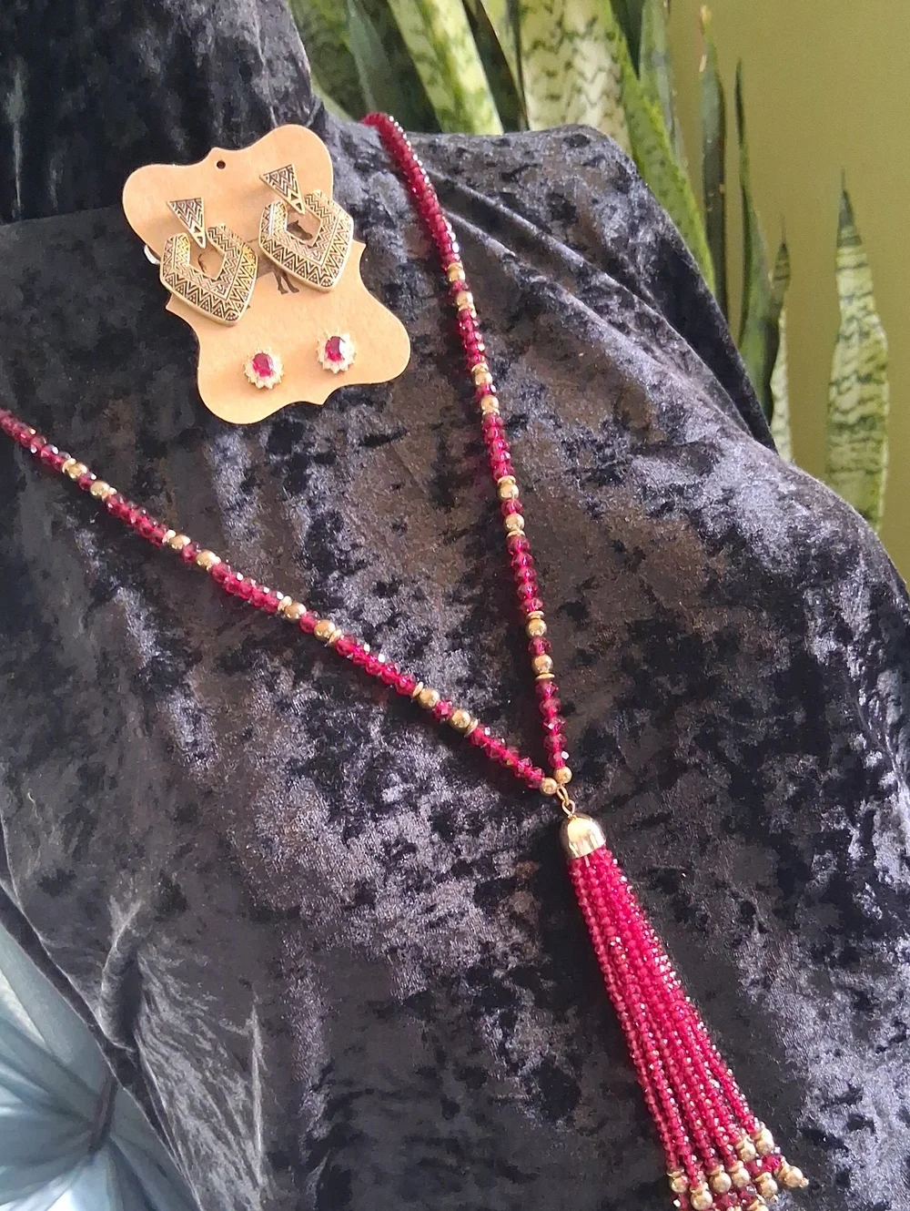 Gold & Ruby Glass Crystal Cut Beaded Tassel Necklace w Matching Earrings 32+2 In - Picture 1 of 9